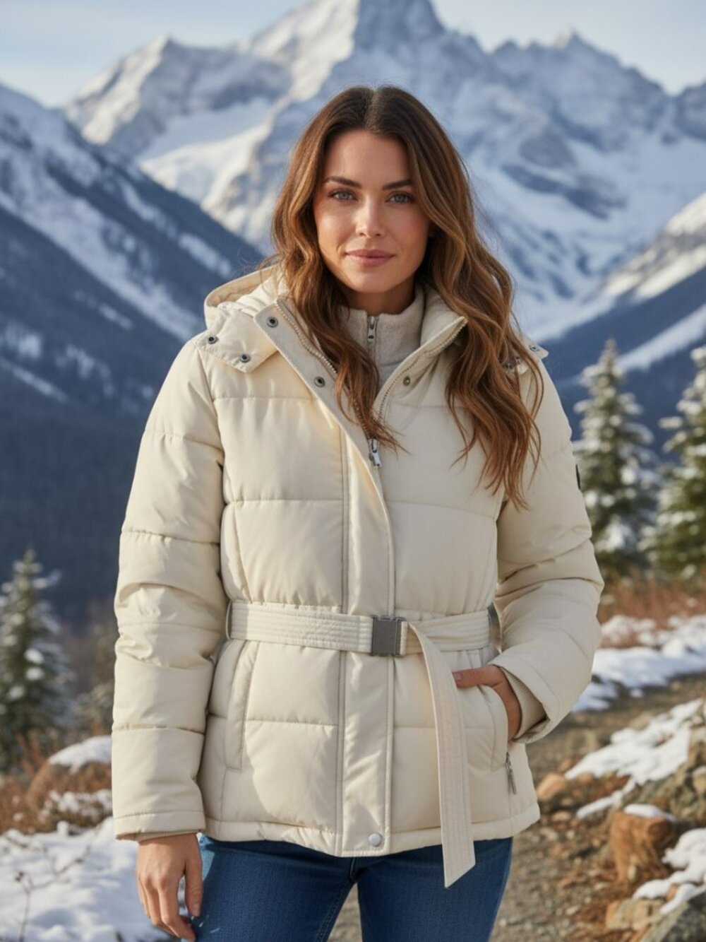 Gap Cream Hooded Down Puffer Jacket with Belt and Faux Fur Small
